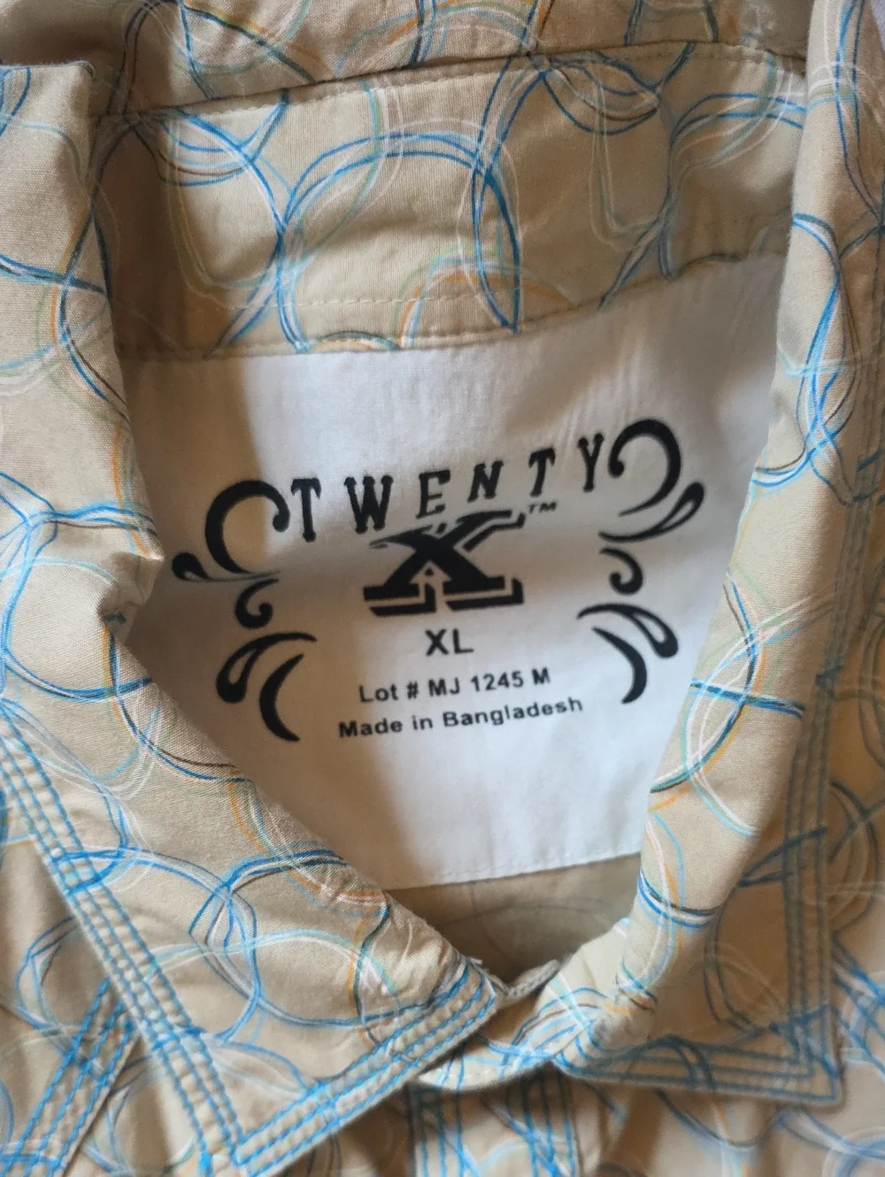 Twenty X Men's Beige Button-Up Shirt Blue Circular Print Pearl‎ Snaps Western XL